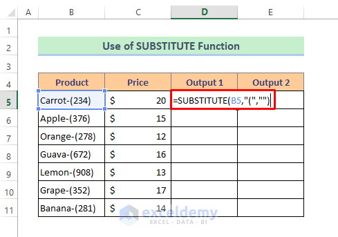 SUBSTITUTE Function to Delete Parentheses in Excel