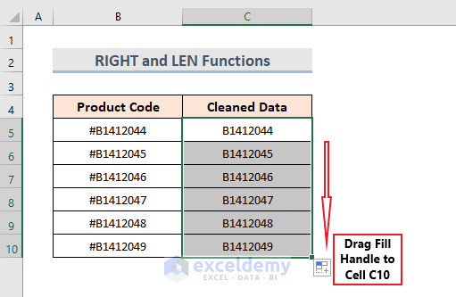 use of the autofill feature to fill the range of cell C5:C10 with cleansed data 