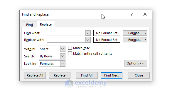opening Find and Replce dialog box
