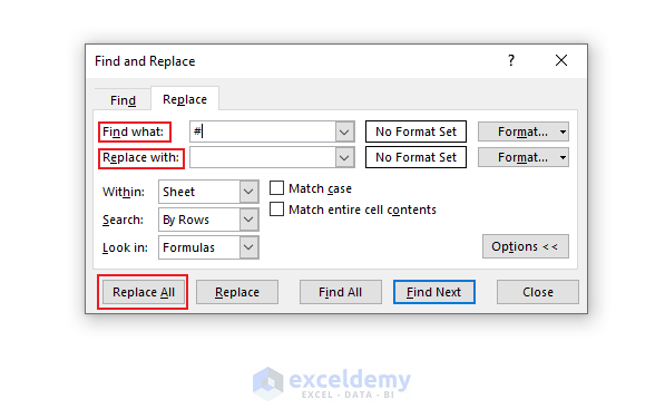 setting parameters in Find and Replace dialog box