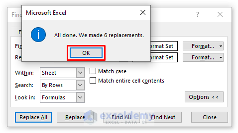 dialog box showing the number of replcement made