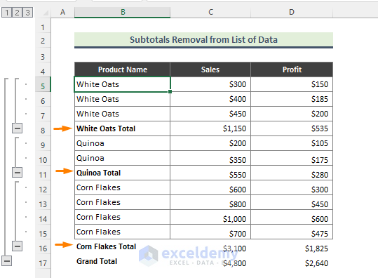 Delete Subtotals from a List of Data in Excel