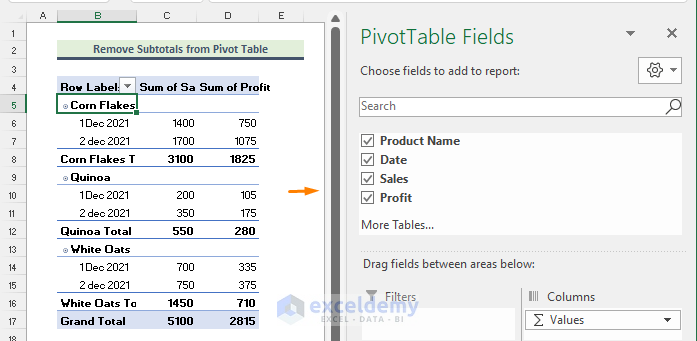 Remove Subtotals from Pivot Tables in Excel