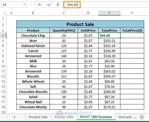 Right Len function-How to Remove Dollar Sign in Excel