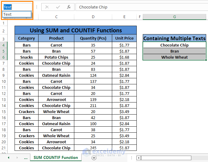 SUM COUNTIF Function assigned name-Conditional Formatting Multiple Text Values in Excel