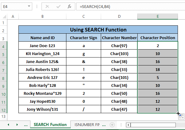 Search function final result-Find Character in String Excel