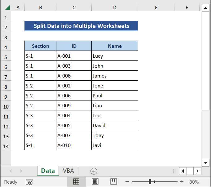Split Data into Multiple Worksheets in Excel