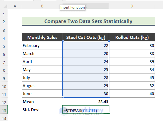 Excel Statistical Comparison of Two Data Sets