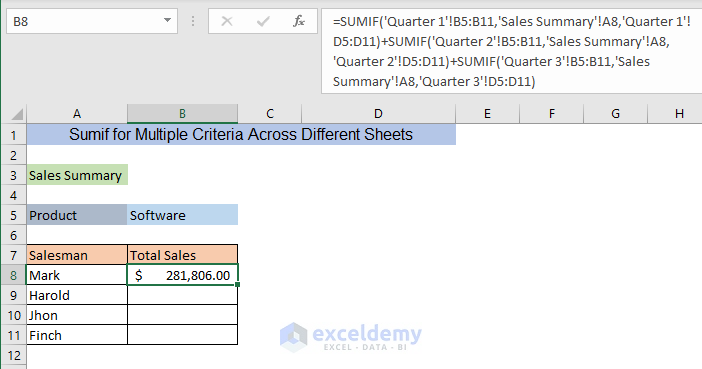 sumif multiple criteria different sheet