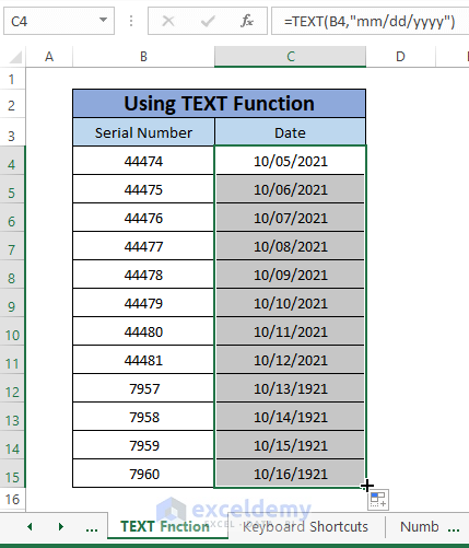 Text function result-Convert Serial Number to Date in Excel