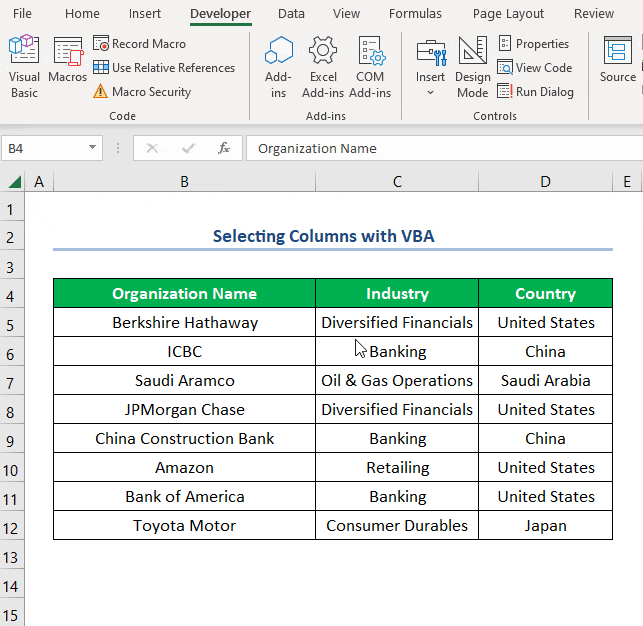 Overview of selecting columns with VBA