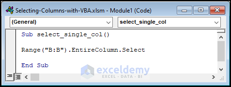 VBA code for selecting single column