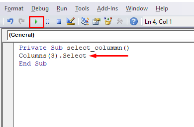 Run a VBA Code to select a single Columns 
