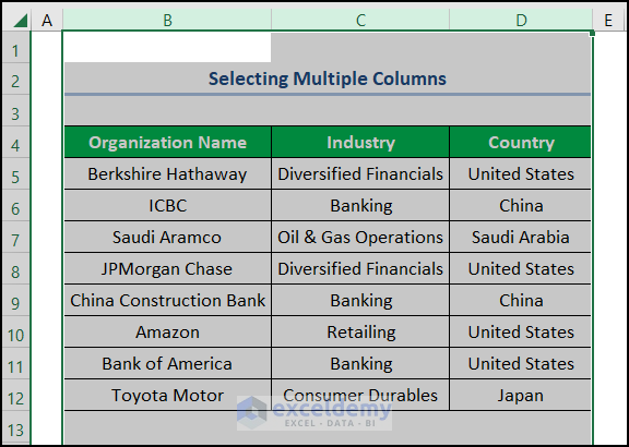 vba columns select multiple columns