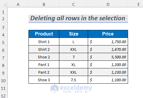 deleting all rows in the selection