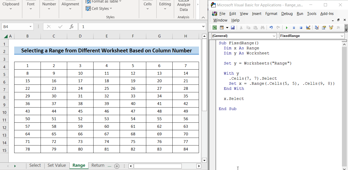 excel vba range column number