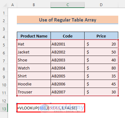 Regular Table Array in the Same Excel Worksheet