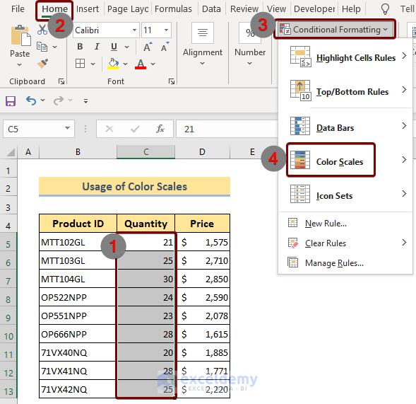 Employ Conditional Formatting to the Selected Cells Using Color Scales