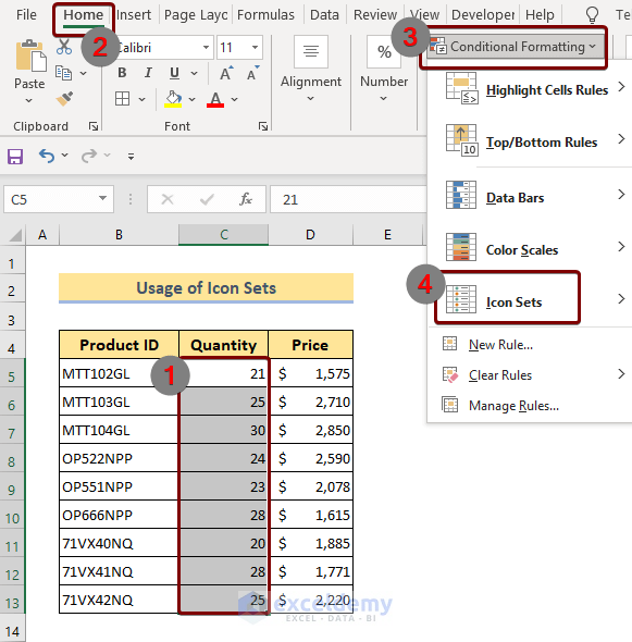 Execute Conditional Formatting to the Selected Cells Using Icon Sets