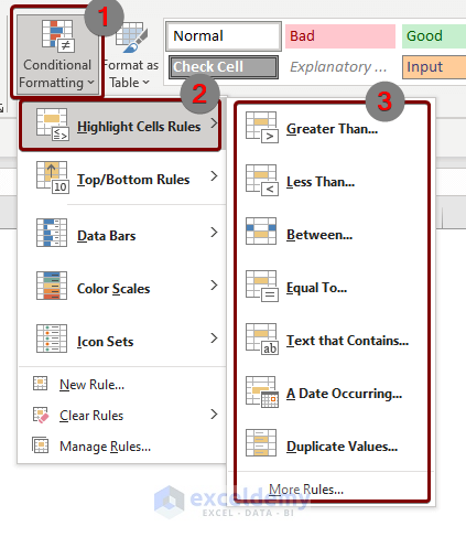 highlight cells rules excel Apply Conditional Formatting to the Selected Cells