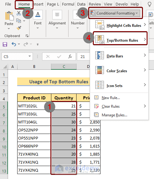 Use Conditional Formatting to the Selected Cells Using Top/Bottom Rules