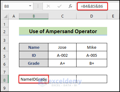 using ampersand operator to combine rows in Excel