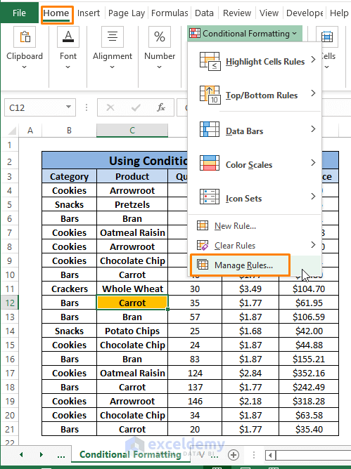 Choosing Manage Rule from the drop-down