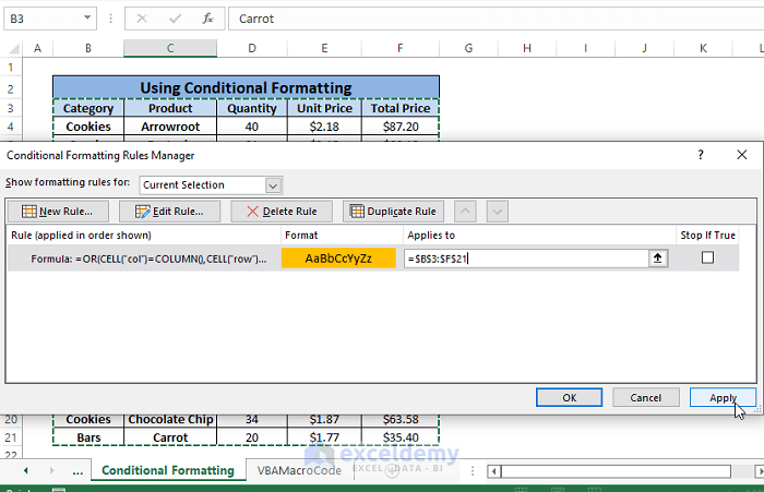 Clicking Apply from the Conditional Formatting Rule Manager window