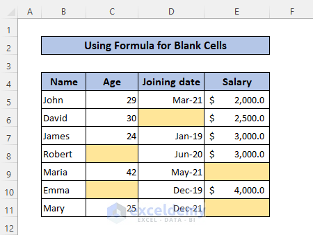 final output of conditional formatting for blank cells in excel