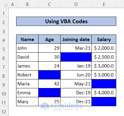 Result after Running VBA Code to Apply Conditional Formatting for Blank Cells 