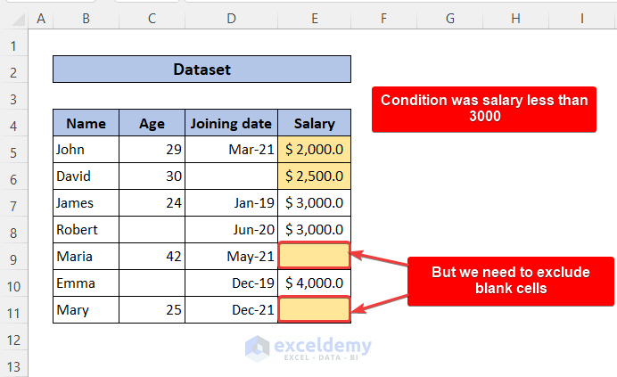 Dataset for Skipping Conditional Formatting for Blank Cells in Excel 