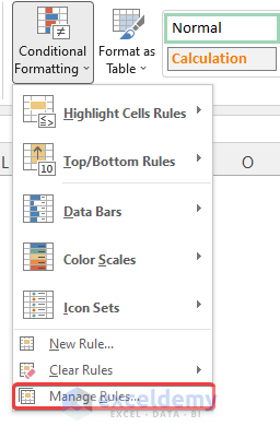 manage rules option from conditional formatting option