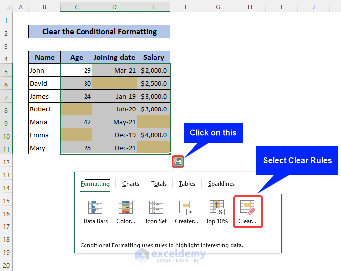 select clear rules to remove conditional formatting for blank cells in excel