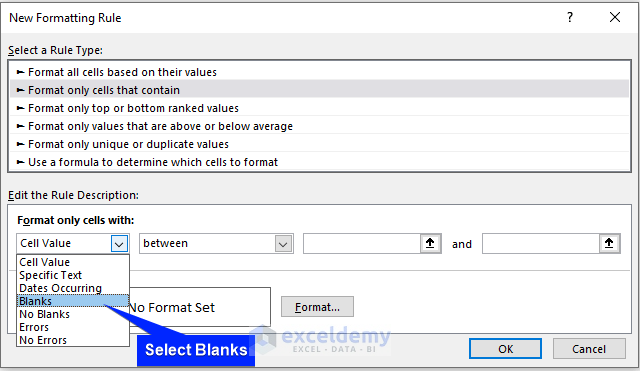 select the blanks option to identify blank cells in excel