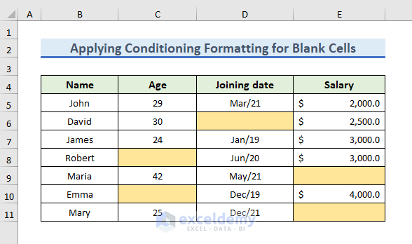 Applying Conditional Formatting for Blank Cells