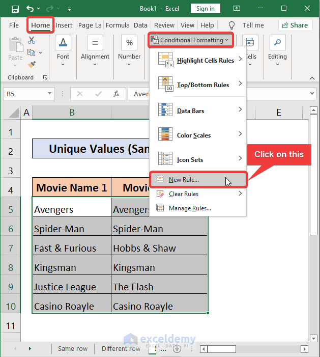 select new rules from conditional formatting 