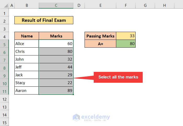 select the entire marks of two columns to compare in excel