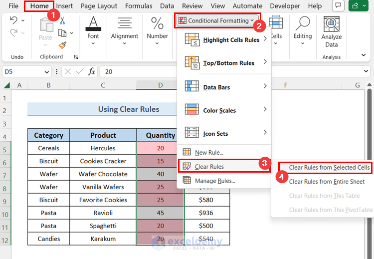 clear rules in conditional formatting