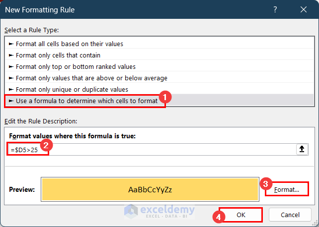 selecting use formula to determine which cells to format option in the new formatting rule dialog box