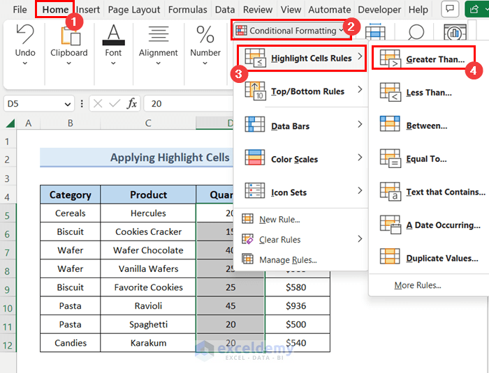 use of highlight cells rules in conditional formatting