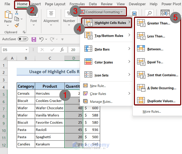 highlight cells rules selection