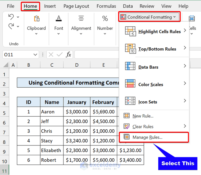 select conditional formatting on multiple rows in excel
