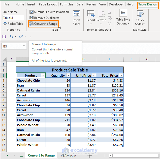 Convert to Range-Remove Table from Excel