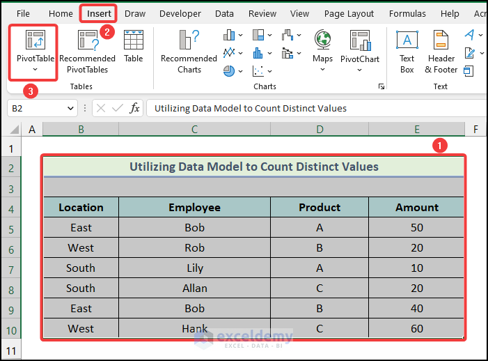 Using Insert tab to create a PivotTable