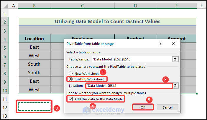 Modifying options in the PivotTable form table or range dialogue box