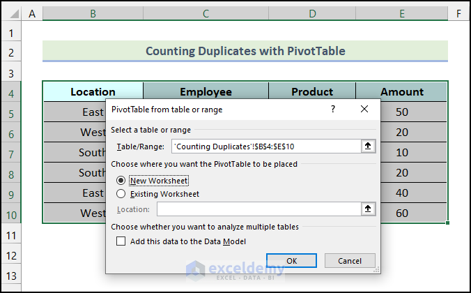 PivotTable form table or range dialogue box