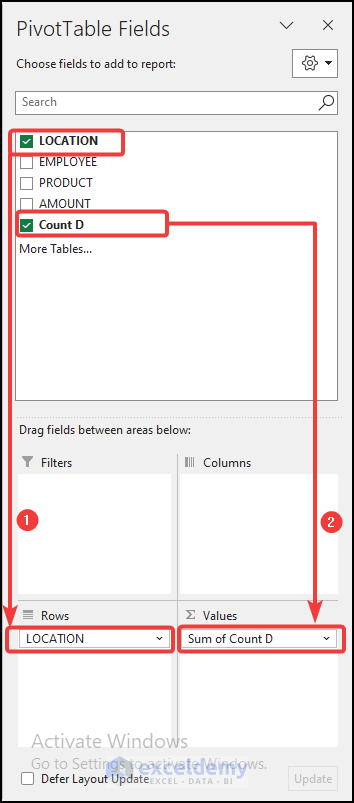 Specifying various parameters inside the PivotTable dialogue box