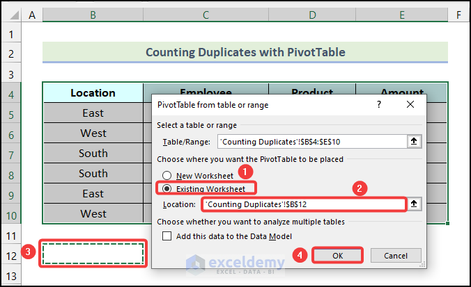 Specifying different fields in the PivotTable form table or range dialogue box