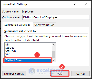 Choosing Distinct Count option in the Value Field Settings dialogue box in Excel