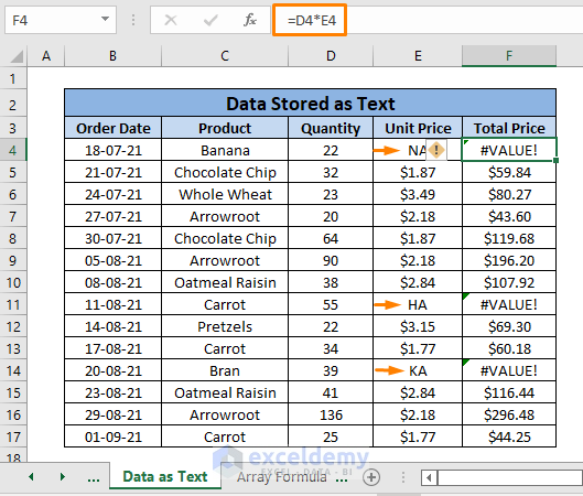 Data stored as text -VALUE Error in Excel